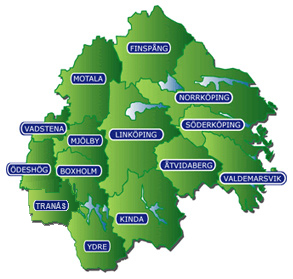 Map of Östergötland including municipal boundaries
