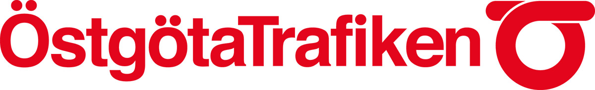 Östgötatrafikens logga bestående av text och symbol i rött på vit botten